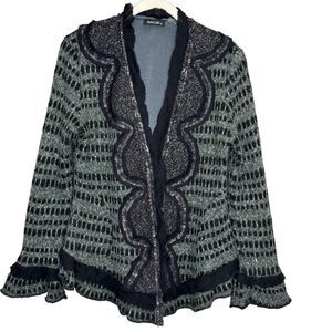 Dolce Cabo Sweater Womens Medium Gray Black Ruffle Trim Knit Cardigan Jacket